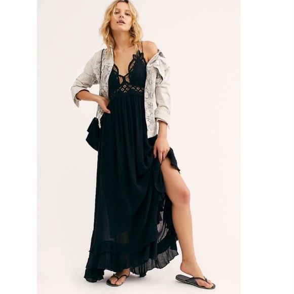 NEW Free People Adella Maxi Slip Boho Dress Black - Picture 2 of 7